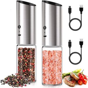 Mills Electric Salt and Pepper Grinder Set USB Rechargeable Eletric Mill Shakers Automatic Spice Steel Machine Kitchen Tool 230901