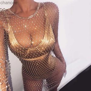 Grundläggande avslappnade klänningar bling strass fisknät mini klänning kvinnor sexig bodycon långärmad kristallklänning mesh sommarstrand födelsedagsfest klänningar lst230904