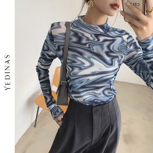 Женская футболка Yedinas Tie Dye Blue Mesh Top Футболка с длинным рукавом Женская водолазка Прозрачная футболка Дизайнер Y2k Мода Весна Осень 230901