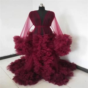 Real Image Women Night Gown Pajama Dark Red Bathrobe Bride Sleepwear Ruffles Soft Tulle Robes Custom Made Pregnant Dress193G
