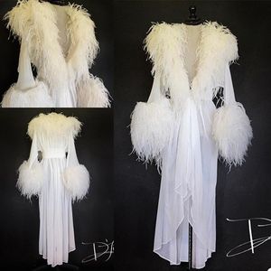 Luxury White Feather Fur Women Winter Kimono Gravid Party Sleepwear Maternity Bathrobe Chiffon Nightgown Pography Gown Robe S196a