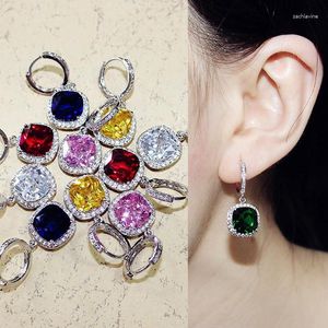 Dangle Earrings Sparkling Fashion Square Big Green Royal Blue Red Pink Yellow Stone Drop Princess-cut Cubic Zirconia Women Jewelry