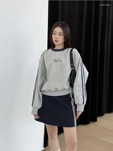 Kadın Hoodies Houzhou Vintage Y2K Kadın Sweatshirts Koreli Tikalı Stil Retro Çizgili Küleyler Şık mahsul üstleri rahat klasik sonbahar
