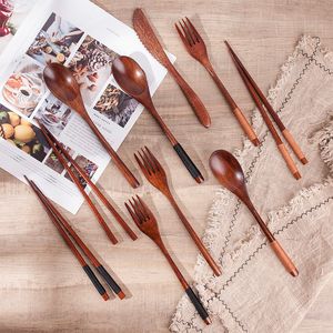 Dinnerware Sets Wooden Spoon Fork Knife Chopsticks Set Creative Japanese Tableware Solid Color Food Grade Safety Environment Protection 230901