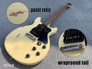 Guitarra elétrica JUNIOR sólida cor creme relíquia pintura e peças de idade envolvente cauda p90 captadores preto pickguard