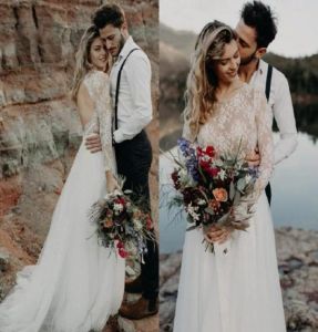 Spitze Boho-Kleider mit langen Ärmeln, sexy, rückenfrei, A-Linie, Juwelenausschnitt, Tüll, Sweep-Zug, Strand-Landhochzeitskleid, Übergröße, Vestido de Novia