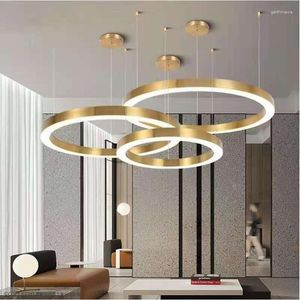 Ljuskronor modern högt tak LED hängande lampa med fjärrkontroll guldcirkel lyster trappa lobbyn fjädring dimbar