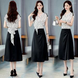 Work Dresses 2023 Summer Lady 2 Pieces Dress Sets Women Batwing Short Sleeve Printed Tops Long Skirt Two Suits