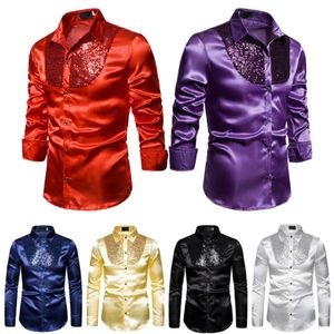 Stylish White Silk Satin Shirt Men Chemise Homme 2020 Casual Long Sleeve Slim Fit Mens Dress Shirts Business Wedding Male Shirt206p