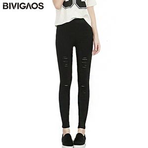 Leggings da donna Primavera Estate Donna Strappato Indossato Cotone lavato Tessuto Jeans buco nero Pantaloni Matita sottile per donna 230901