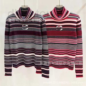 여성 스웨터 디자이너 Xiaoxiangfeng High Neck Knitted Stripe Long Sleeve Sweater 얇은 언더 레이 스팽글 더블 C 가을 M7N5