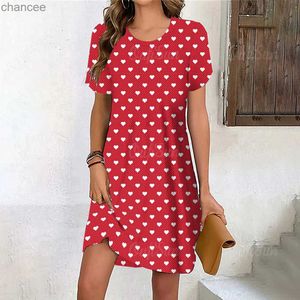 Basic Casual Dresses Heart Print Women's Dress 2023 Elegant Dress for Female Summer Fashion Stitching O-Neck Loose Vacation Ladies Sexy Midi Dresses LST230904