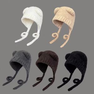 Beanie/Skull Caps Autumn Winter Cute Bear Ear Thermal Sticked Hat Women With Tape Ear Protection Beanie Hat Japanese Korean Versatile Skullies Hat 230904