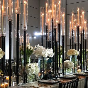 Atacado preto quadrado base cilindro castiçal 10 braços de altura barato candelabros de casamento mesa acrílica peças centrais pretas