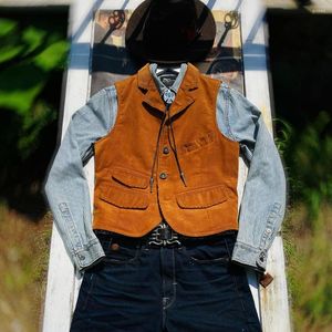 Men's Vests Tailor Brando J-139 Scarti Lab Classic 1950s Lapel Collar Corduroy Washed Multi-Pocket Tooling Retro Vest