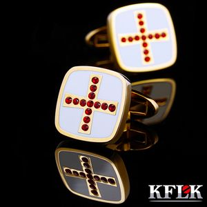 Manşet bağlantıları kflk mücevher fransız gömlek manşet cufflink Erkek markası manşet lüks lüks düğmeli yüksek kalite çapraz kırmızı kristal konuklar 230904