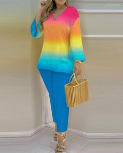 Kadın Tişörtleri Setleri Moda Baskısı Sıradan Takım İlkbahar Yaz Uzun Kollu Gevşek Üst İnce Kalem Pantolon 2 Parça Set 2023 Lady Kıyafetleri