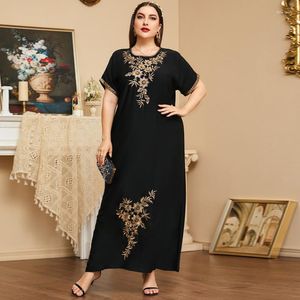 Ethnische Kleidung Plus Size Sommerkleid Lange Frauen Muslim Naher Osten Dubai Casual Lose Arabische Blumenstickerei Mode Schwarze Robe