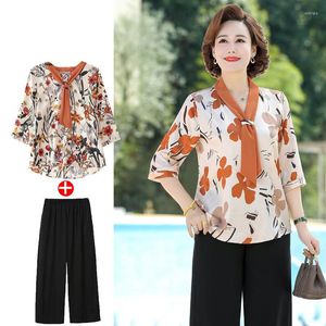 Calças de duas peças femininas XL-5XL conjuntos de impressão das mulheres outifits mãe de meia-idade primavera outono roupas chiffon 3/4 manga camisa calça terno
