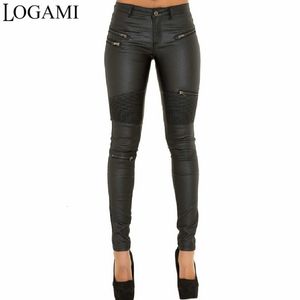 Women s Pants s LOGAMI Faux Leather Women Elastic Zipper Trousers Leren Broeken 230901