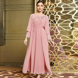 Abbigliamento etnico Elegante set musulmano rosa per le donne Ramadan Arabo Femme Abaya Abito modesto Eid Islamico Jalabiya Marocain Abiti marocchini