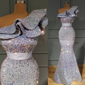 長い片側肩アラビアベルベットスパンコール人魚の女性フォーマルページェントイブニングドレスローブsoiree femme vestidosフォーマル