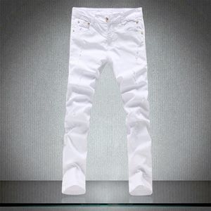 Frühling männer enge Reine Weiße jeans männlichen dünne hosen Hohe qualität Baumwolle elastische loch dünne Freizeit hosen men281E