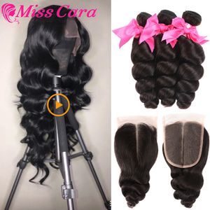 Synthetic Wigs Indian Hair Weave Bundles With Closure 100% Virgin Human Hair Loose Wave Bundles With Frontal 13*4 Ear To Ear Transparent Lace 230901