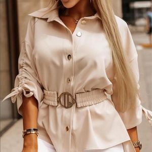 Женские блузки, осенняя рубашка серии 2023, модная повседневная офисная однотонная рубашка-поло с воротником-поло и рукавами на пуговицах, с завязками, неровный подол