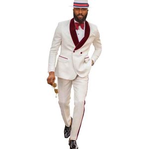 Groomsmen Ivory Pattern Groom Tuxedos Shawl Dark Red Velvet Lapel Men Suits 2 Pieces Wedding Jacket Pants Tie D209 Men'244d