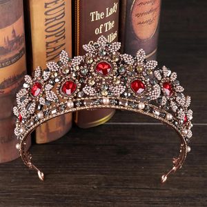 Barokowy vintage kryształowe korony ślubne opaski do włosów czerwone tiary ślubne opaski ślubne diadem królowa impreza tiara Wedding Hair