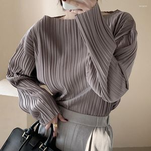 Blusas femininas simples coreia chique outono em torno do pescoço capa solta blusa de cor sólida babados design toda camisa de manga longa feminina