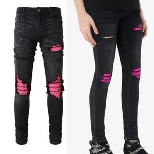 Große Größe 40 Biker Stretch Denim Jeans Mann Hommes Cracked Leather Patches Slim Leg Fit2488