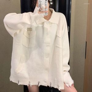 Damskie dzianiny Deeptown Harajuku biały dzianinowy swetra Gnunge Grunge Ripped Sweter Women Korean Style Streetwear Autumn Knitwear