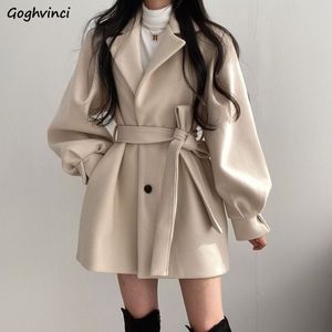 Женское полушерстяное пальто, женское однотонное пальто с поясом, пальто с поясом, женское теплое хлопковое пальто с толстым v-образным вырезом, офисная леди, элегантная модная верхняя одежда на пуговицах, Ins 230904