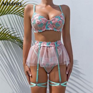 Bras Sets Aduloty Erotic Lingerie Set Exquisite Embroidery Large Flower Perspective Temptation Small Skirt Sexy Women's Under224p