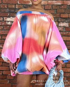 Casual Kleider Tie Dye Print Laterne Ärmel Off Schulter Kleid Frauen Sommer Frühling Lose Mini Slash Neck