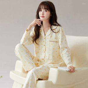 Mulheres sleepwear de alta qualidade primavera e outono algodão mulheres pijamas conjunto turn-down colarinho manga longa feminino pijamas