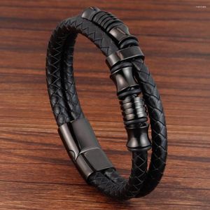 Charm Bracelets Black Leather Cord Cowhide Men's Double-layer Stainless Steel Braided Bracelet Handmade Multi-layer