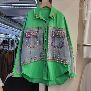 Kadın bluzları denim gömlek 2023 ağır endüstri el çivilenmiş boncuklu gevşek moda dikiş yeşil