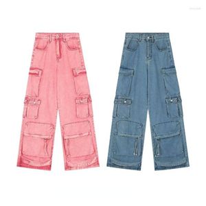女性のジーンズ2023年秋アメリカンレトロハイストリートピンクマルチポケットオーバーオール女性Y2Kパンクヒップホップゴシックルーズファッション