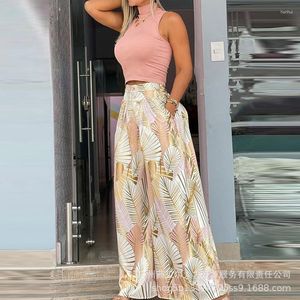 Pantaloni a due pezzi da donna Set di pantaloni a collo alto senza maniche Top con stampa tropicale Gamba larga da donna 2023 Set estivo sottile a vita alta floreale