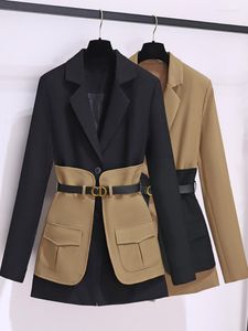 Women's Suits UNXX Casual Colorblock Blazer Women Notched Collar Long Sleeve High Waist Patchwork Sashes Coat Female 2023 Clothing