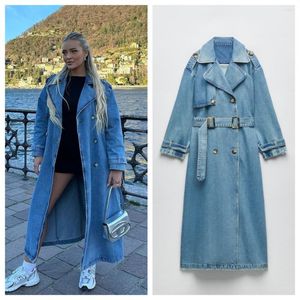 Damen-Trenchcoats, Frühlings- und Herbstmantel mit Gürtel, lockerer, mittellanger, zweireihiger Denim