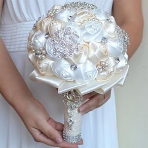 Buquês de noiva de cetim com rosas, flores artesanais, cristais de rosa artificiais, suprimentos para casamento, suporte de flores, broche bouquet294i