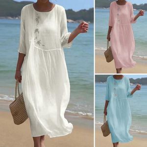 Casual Dresses Elegant Cotton Linen Long For Women Flower Embroidery Double Layers Loose Midi Dress Vestidos Para Mujer