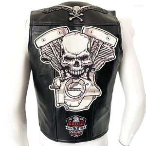 Gilet da uomo Locomotiva In Pelle Moda Strada Teschi Ricamato Senza Colletto Gilet Corto Quattro Stagioni Moto Biker Punk Gilet da Uomo