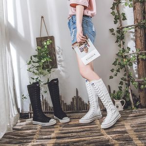 Boots High Top Women's Canvas Shoes Knee High Boots Side Zipper Flats Vulcanized Shoes Lace-Up Comfortable Platform Sneakers Female 230901