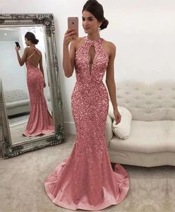 Plus Size Gold Sequins Mermaid Prom Dresses Elegant Long Sleeves Aftonklänningar 2024 Halter Women Pink Formal Dress 328 328