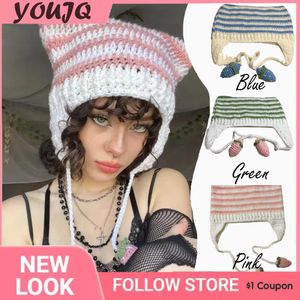 Beanie/Skull Caps Y2K Winter Devil Beanies Hats for Women Men Handmade Striped Knitted Pullover Caps Kawaii Cat Ear Gorras Gorro Invierno Hombre 230904